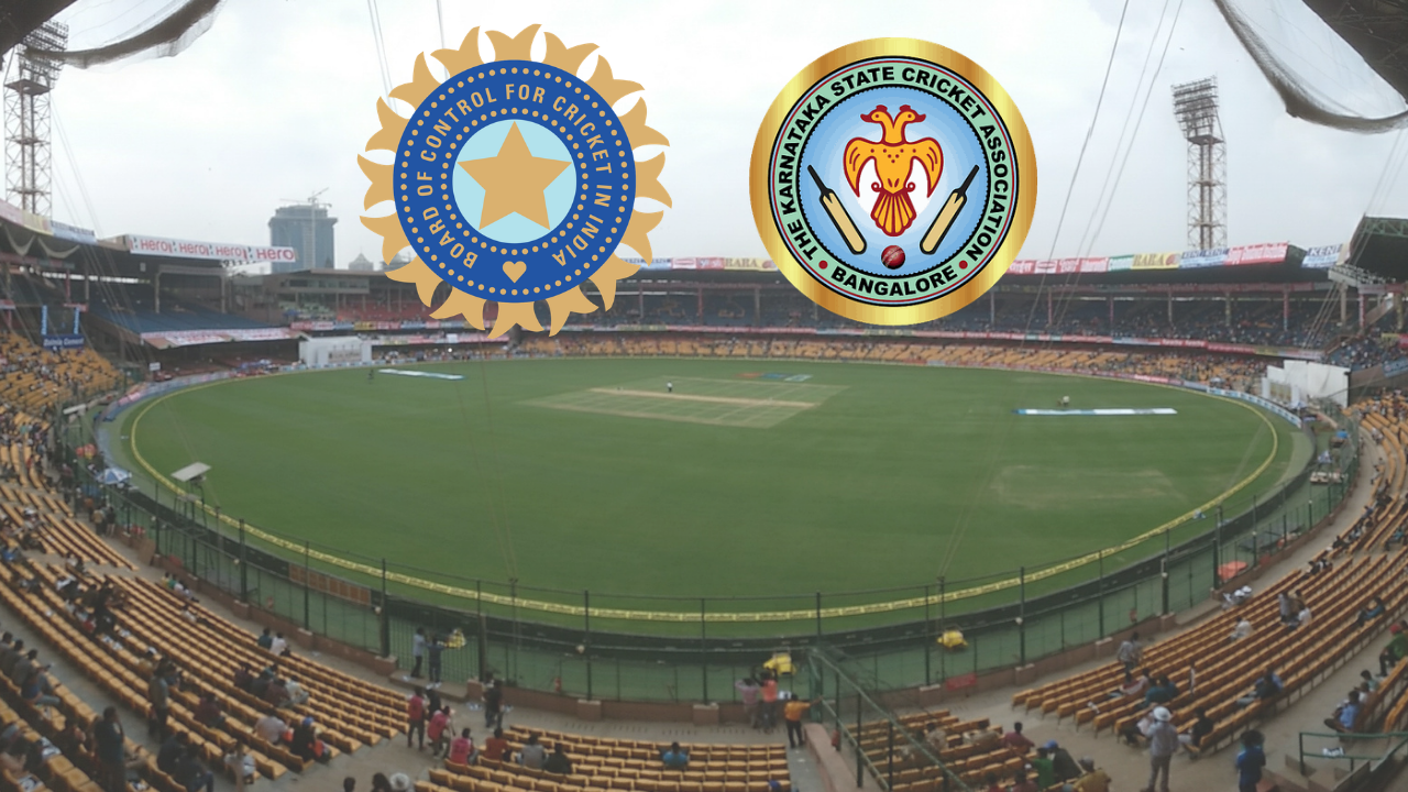 M. Chinnaswamy Stadium in Bengaluru pictured with BCCI and Karnataka State Cricket Association (KSCA) logos.