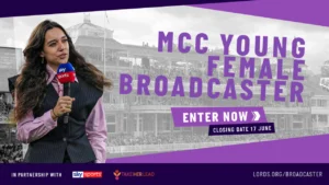 Promotional graphic for the MCC Young Female Broadcaster programme featuring a presenter holding a Sky Sports microphone at Lord’s Cricket Ground.