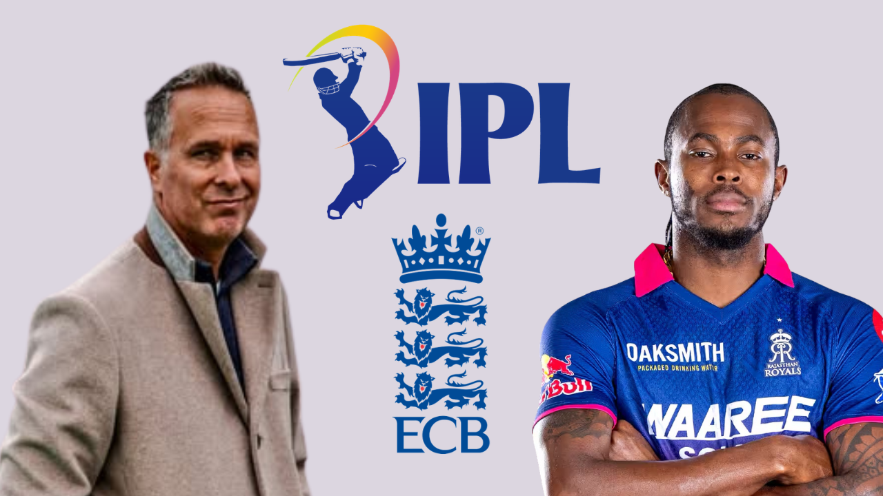 Michael Vaughan and Jofra Archer featured with ECB and IPL logos in a cricket-related graphic highlighting England and franchise cricket connections.