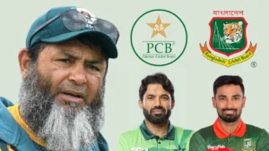 Graphic featuring Mushtaq Ahmed, Mohammad Rizwan and Litton Das alongside the Pakistan Cricket Board (PCB) and Bangladesh Cricket Board (BCB) logos related to cricket discussions and team developments.