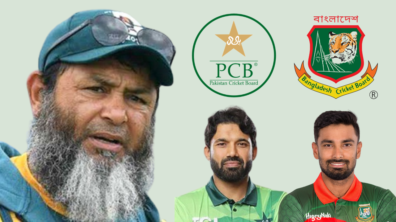 Graphic featuring Mushtaq Ahmed, Mohammad Rizwan and Litton Das alongside the Pakistan Cricket Board (PCB) and Bangladesh Cricket Board (BCB) logos related to cricket discussions and team developments.