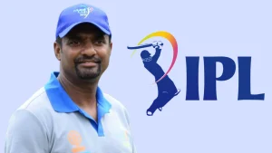 Muttiah Muralitharan alongside IPL logo representing Indian Premier League cricket branding