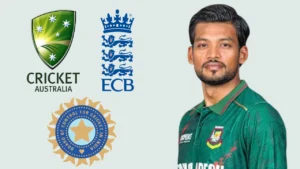 Bangladesh captain Najmul Hossain Shanto alongside BCCI, ECB and Cricket Australia logos in a cricket administration graphic.