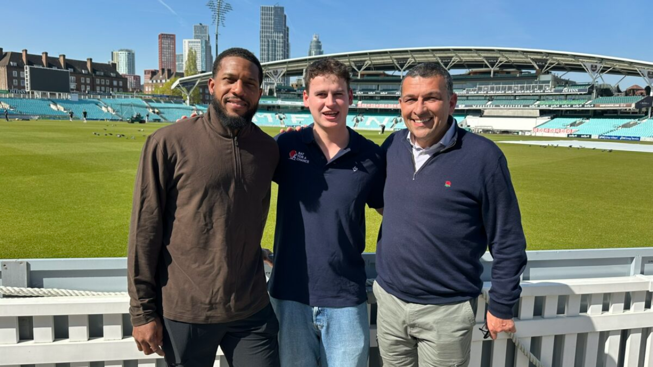 Omar Khan with Chris Jordan and Bat For A Chance founder Will Gaffney at The Oval cricket ground in London.