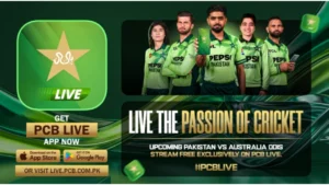 Promotional graphic for the PCB Live app featuring Pakistan men’s and women’s cricketers advertising live streaming of Pakistan vs Australia ODI matches.