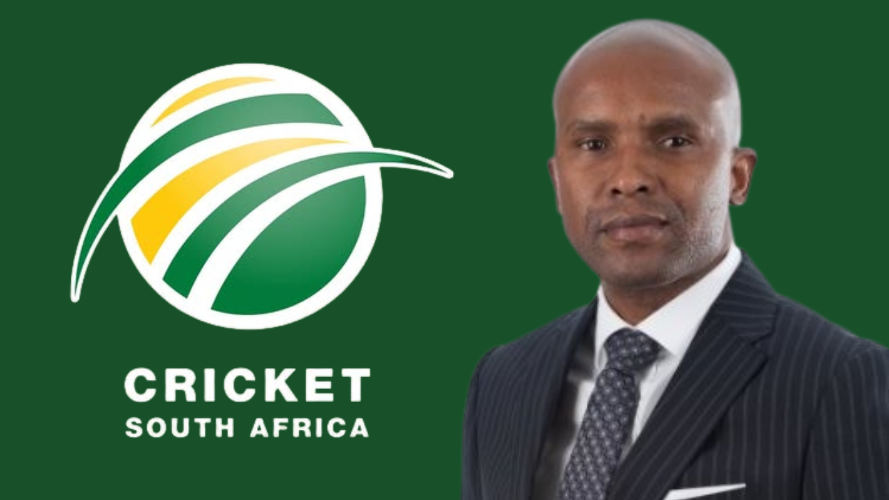 CSA CEO Pholetsi Moseki pictured alongside the Cricket South Africa logo on a green background.
