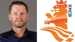 Portrait of Pierre de Bruyn alongside the KNCB Netherlands cricket logo.
