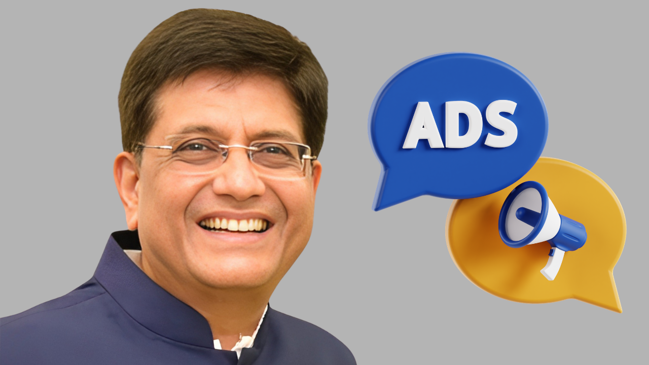 Commerce and Industry Minister Piyush Goyal with digital ads graphic representing advertising policy and industry in India