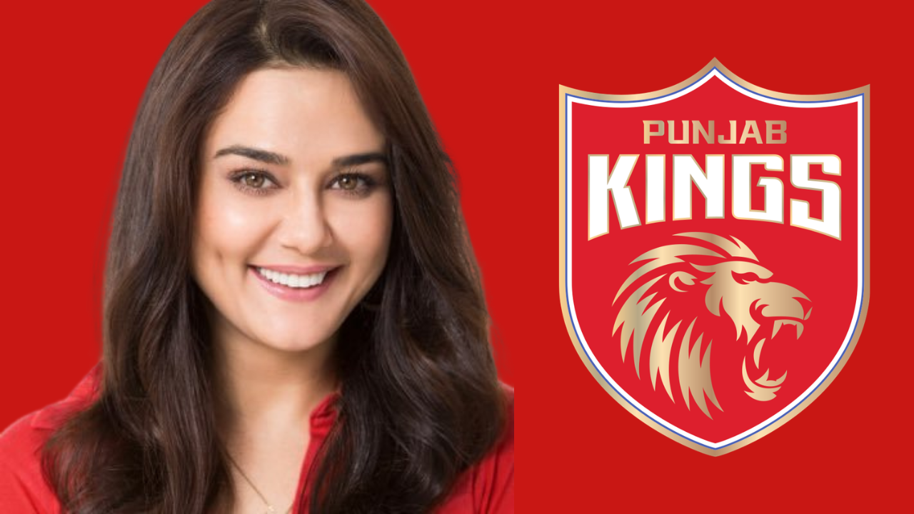 Preity Zinta smiling portrait alongside Punjab Kings IPL team logo on red background representing franchise ownership