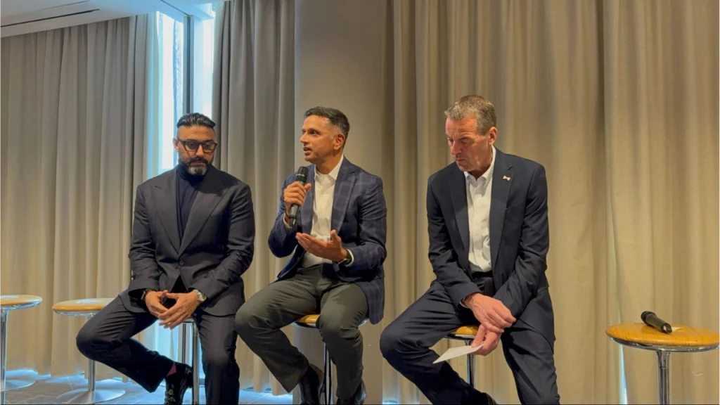 Rahul Dravid joins Abhishek Bachchan and Brian MacNeice during an ETPL announcement event to express excitement about joining the league as an owner.