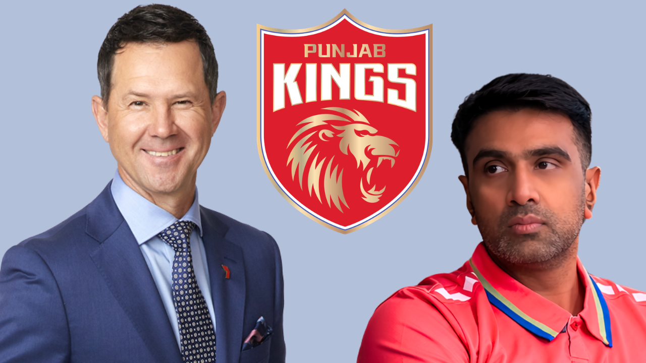 Ricky Ponting and Ravichandran Ashwin alongside the Punjab Kings (PBKS) logo in a promotional graphic related to the IPL franchise.