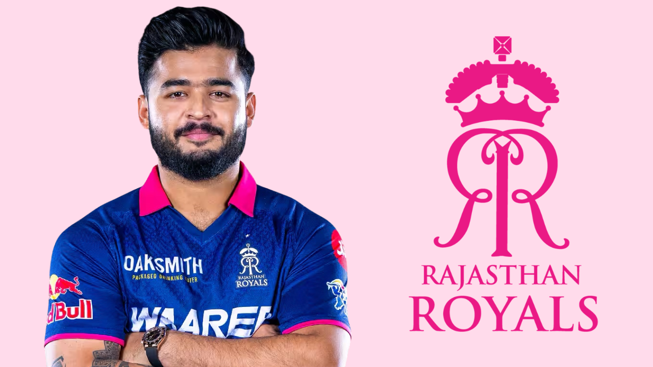 Riyan Parag in Rajasthan Royals jersey alongside the Rajasthan Royals team logo on a pink background.