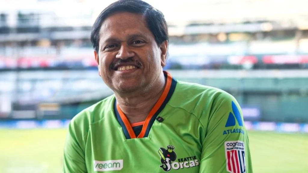 Seattle Orcas co-owner S. Somasegar wearing the team jersey at a cricket venue ahead of a Major League Cricket event.