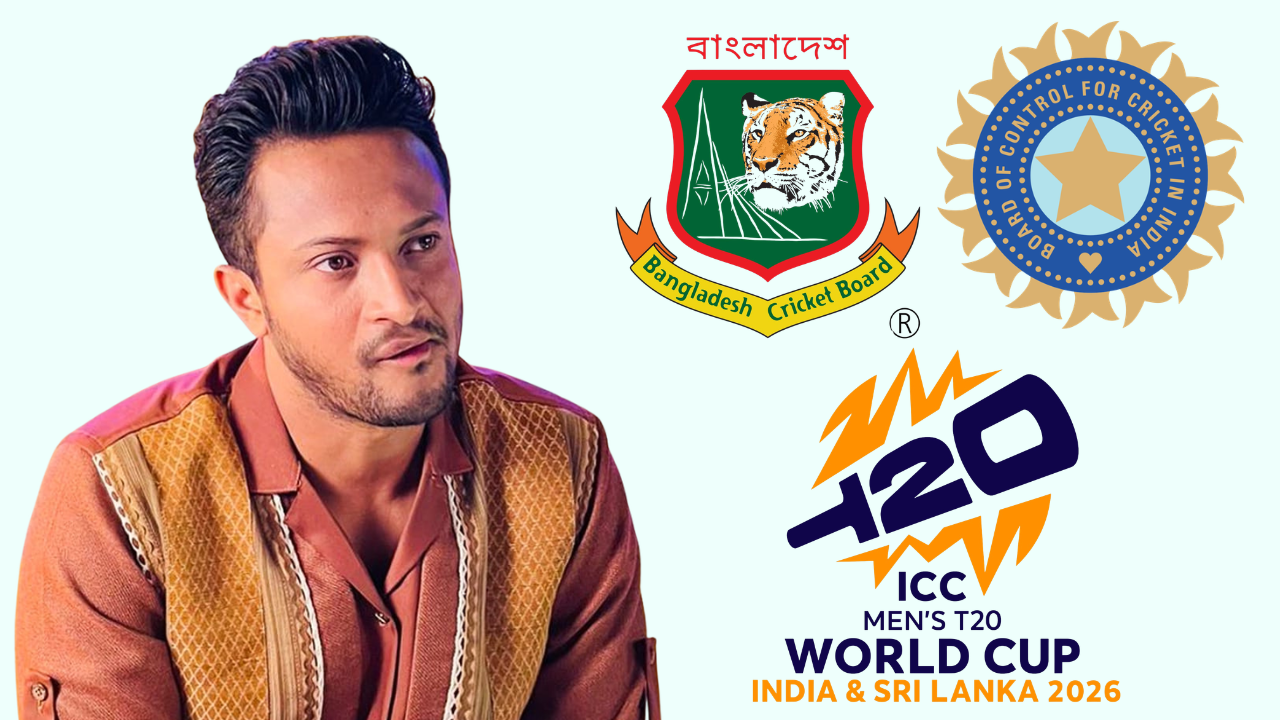 Shakib Al Hasan with Bangladesh Cricket Board, BCCI and ICC Men's T20 World Cup 2026 logos on background