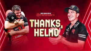 Melbourne Renegades tribute graphic thanking coach Simon Helmot, featuring team celebration and Helmot applauding