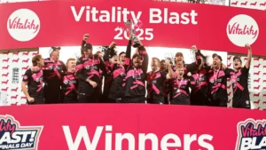 Somerset players celebrate after lifting the Vitality Blast 2025 trophy during the winners presentation ceremony.