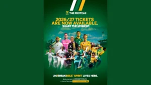 Promotional poster for South Africa Proteas cricket team announcing 2026/27 ticket availability featuring multiple players in cricket kits and action poses.
