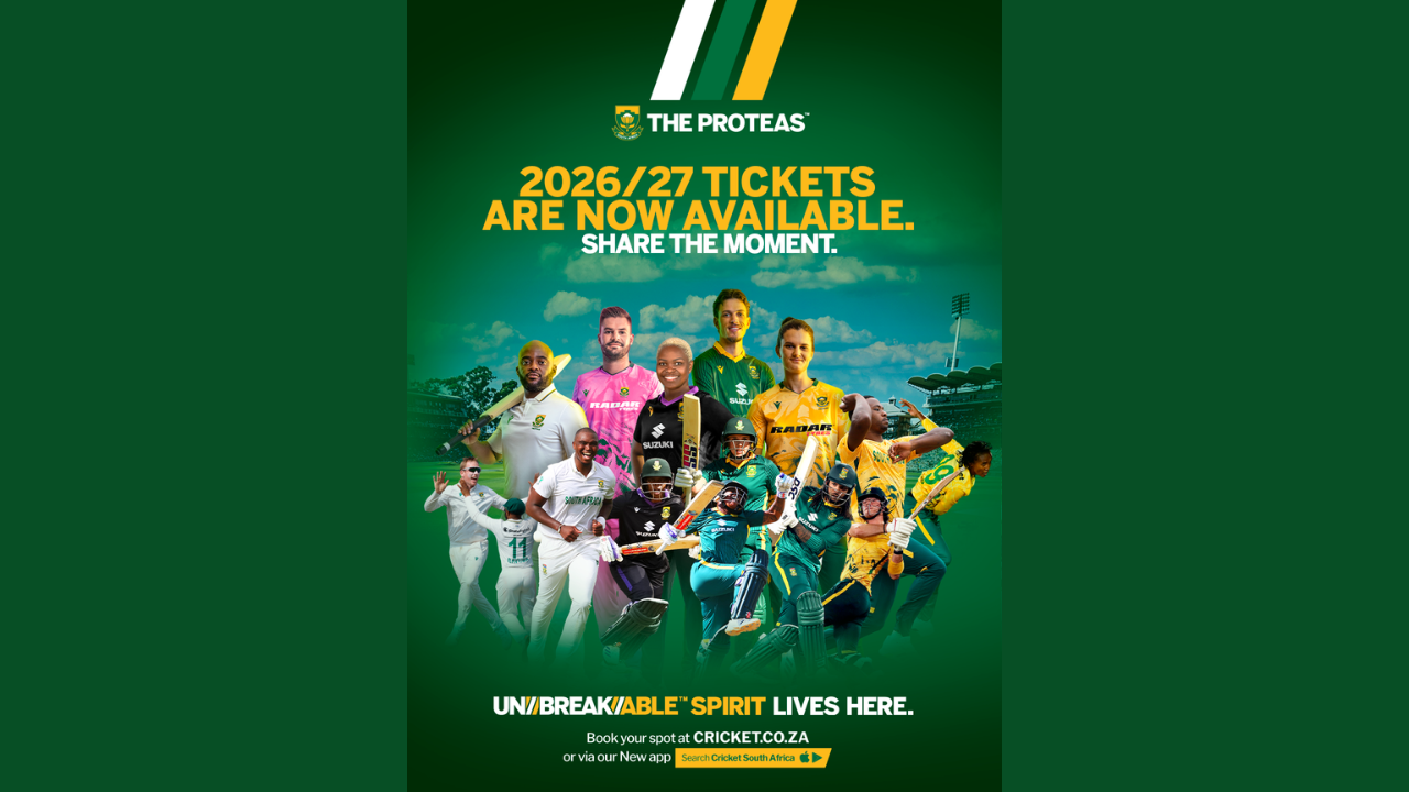 Promotional poster for South Africa Proteas cricket team announcing 2026/27 ticket availability featuring multiple players in cricket kits and action poses.