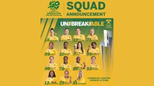 South Africa women’s cricket team squad announcement graphic for the ICC Women’s T20 World Cup 2026 featuring Proteas players and tournament branding.