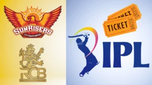 Sunrisers Hyderabad and Royal Challengers Bengaluru logos displayed alongside the IPL logo and ticket graphic representing match ticket demand and sales.