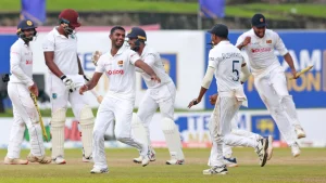 Sri Lanka Test cricket team players celebrating wicket against West Indies during match action