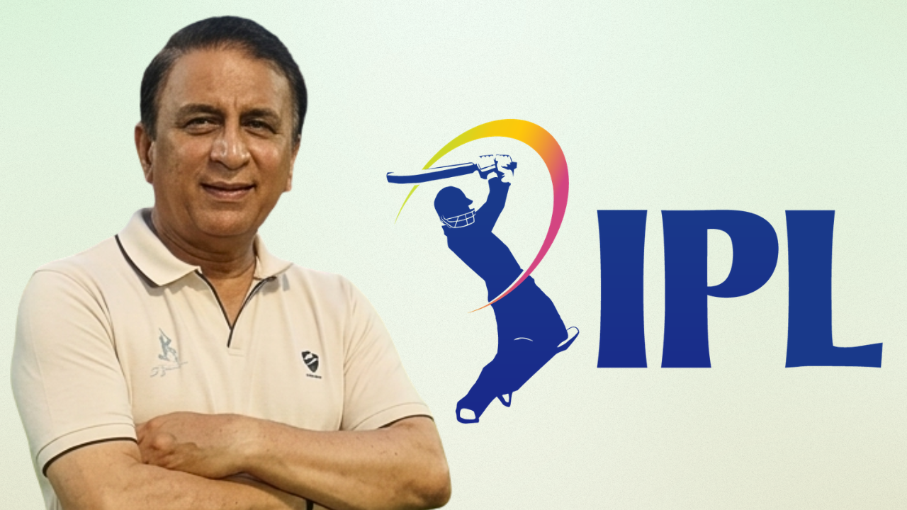 Former Indian cricketer Sunil Gavaskar alongside the Indian Premier League (IPL) logo in a promotional graphic.