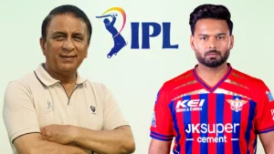 Sunil Gavaskar and Rishabh Pant featured alongside the IPL logo in a cricket-themed graphic image.