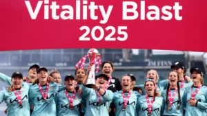 Surrey Women players celebrate after lifting the Vitality Blast 2025 trophy during the championship presentation ceremony.