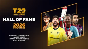 Promotional graphic for the T20 Hall of Fame 2026 inductees featuring Charlotte Edwards, James Vince, Danni Wyatt-Hodge and Ravi Bopara.