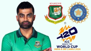Former Bangladesh captain Tamim Iqbal alongside the BCB, BCCI, and ICC Men’s T20 World Cup 2026 logos in a cricket-themed graphic.