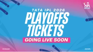 Promotional graphic announcing Tata IPL 2026 playoffs tickets going live soon