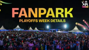 Large crowd gathered at the Tata IPL Fan Park event during the IPL playoffs week with live match screening and fan activities.