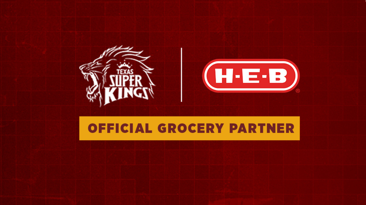 Texas Super Kings and H-E-B partnership graphic announcing H-E-B as the official grocery partner with team and brand logos on red background