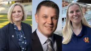 Portrait collage featuring Tracey Orr, Patrick Byrne and Christina Gough, prominent figures involved in cricket administration and leadership roles.