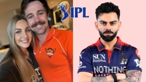 Travis Head with Jessica Davies and Virat Kohli featured in an IPL-themed graphic related to cricket news and player updates.