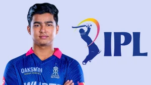 Young cricketer Vaibhav Sooryavanshi in Rajasthan Royals jersey alongside the IPL logo in a promotional cricket graphic.