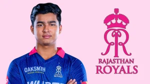 Vaibhav Sooryavanshi in Rajasthan Royals jersey alongside the Rajasthan Royals team logo on a pink background.