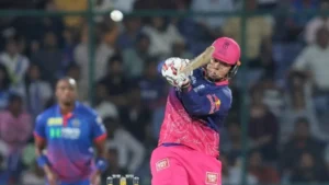 Vaibhav Sooryavanshi batting for Rajasthan Royals while wearing the IPL team jersey during a match