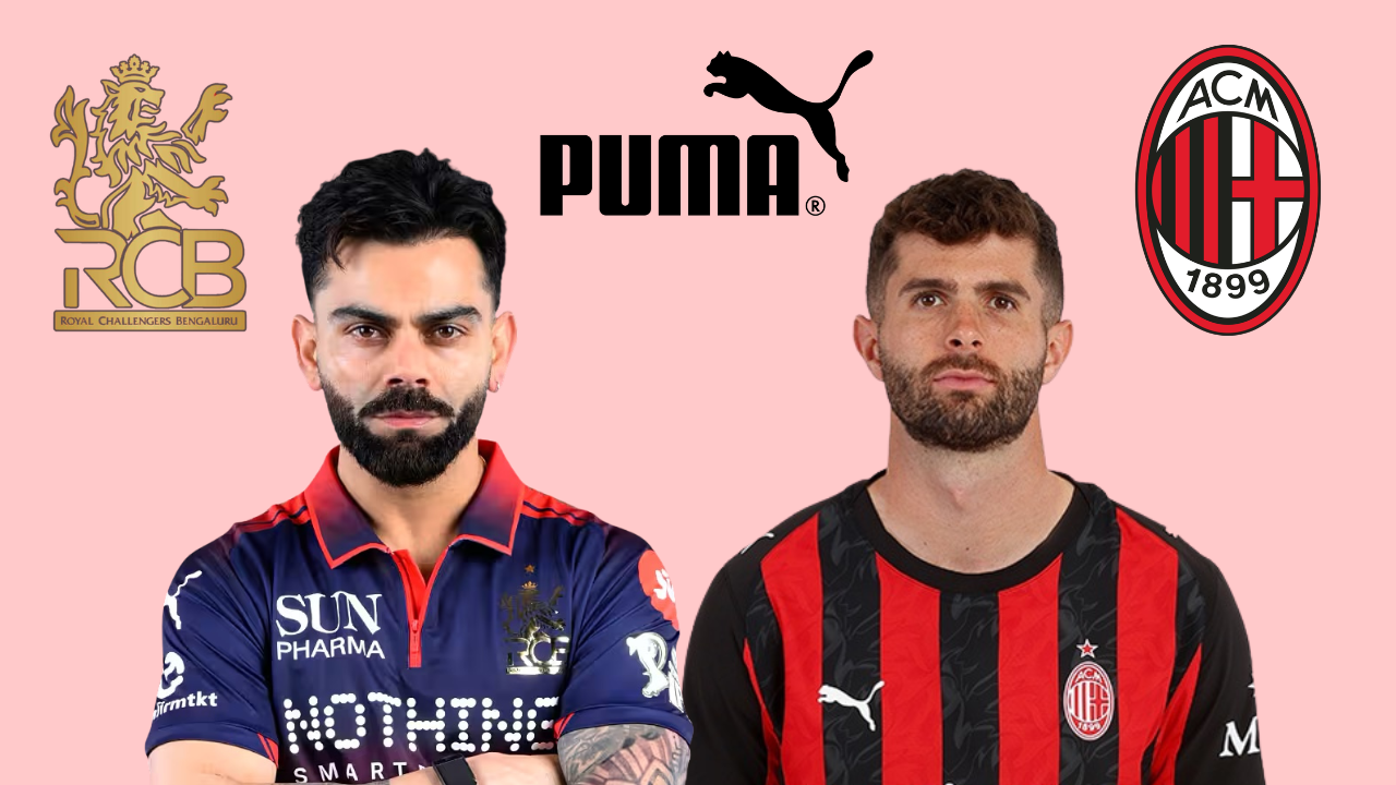 Virat Kohli and Christian Pulisic with PUMA branding alongside Royal Challengers Bengaluru and AC Milan logos