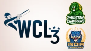 World Championship of Legends (WCL) Season 3 logo displayed alongside the Pakistan Champions and India Champions team logos.