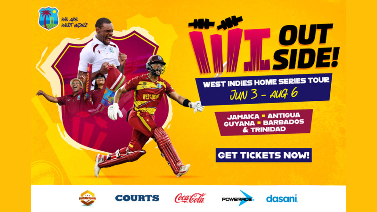 Promotional graphic for the West Indies Home Series Tour featuring West Indies cricket players and ticket information for matches in Jamaica, Antigua, Guyana, Barbados and Trinidad.