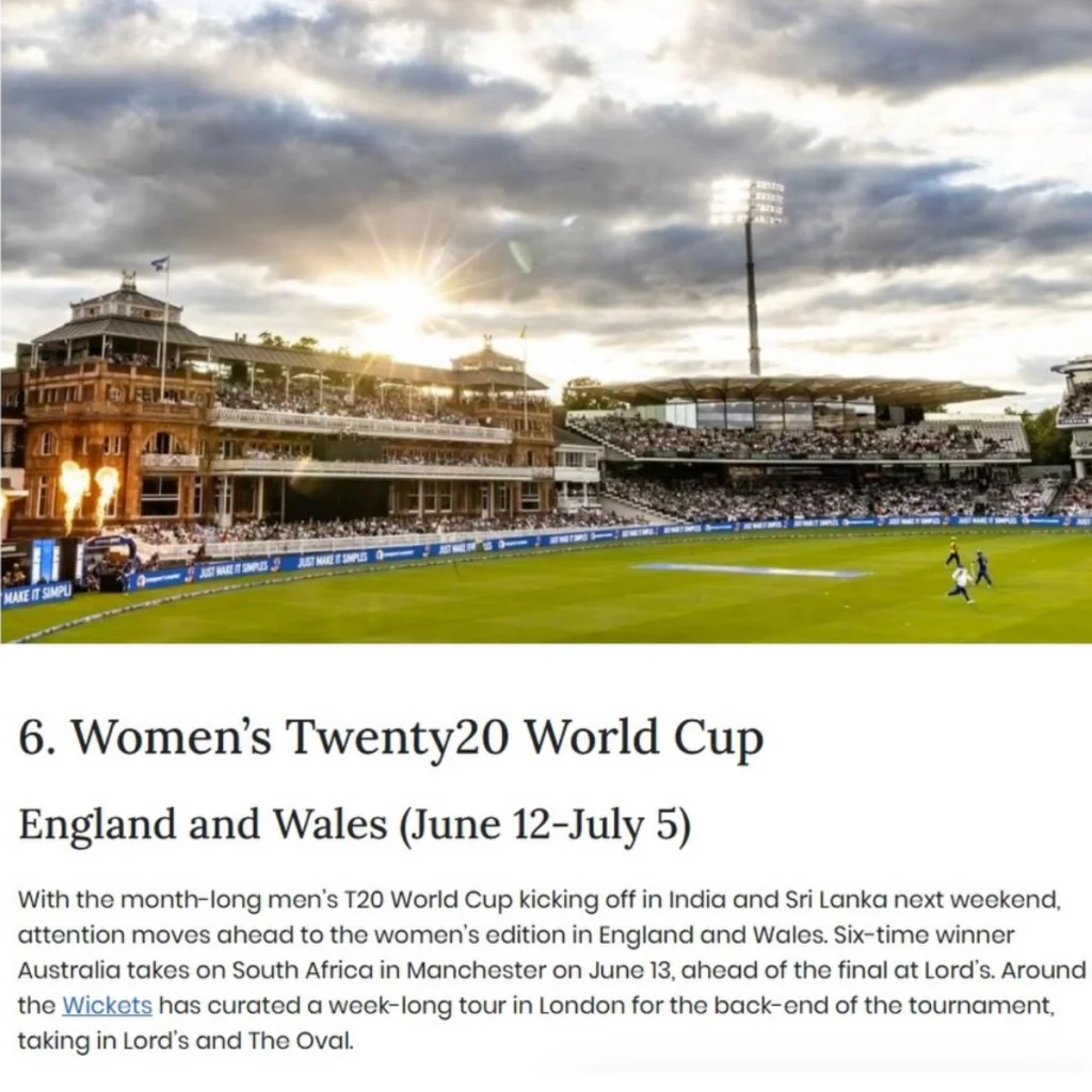 Promotional graphic for the 2026 ICC Women’s T20 World Cup in England and Wales featuring a packed cricket stadium and Around the Wickets’ “Tour of a Lifetime” experience.