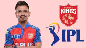 Yuzvendra Chahal in Punjab Kings jersey alongside IPL and Punjab Kings logos in a promotional cricket graphic.