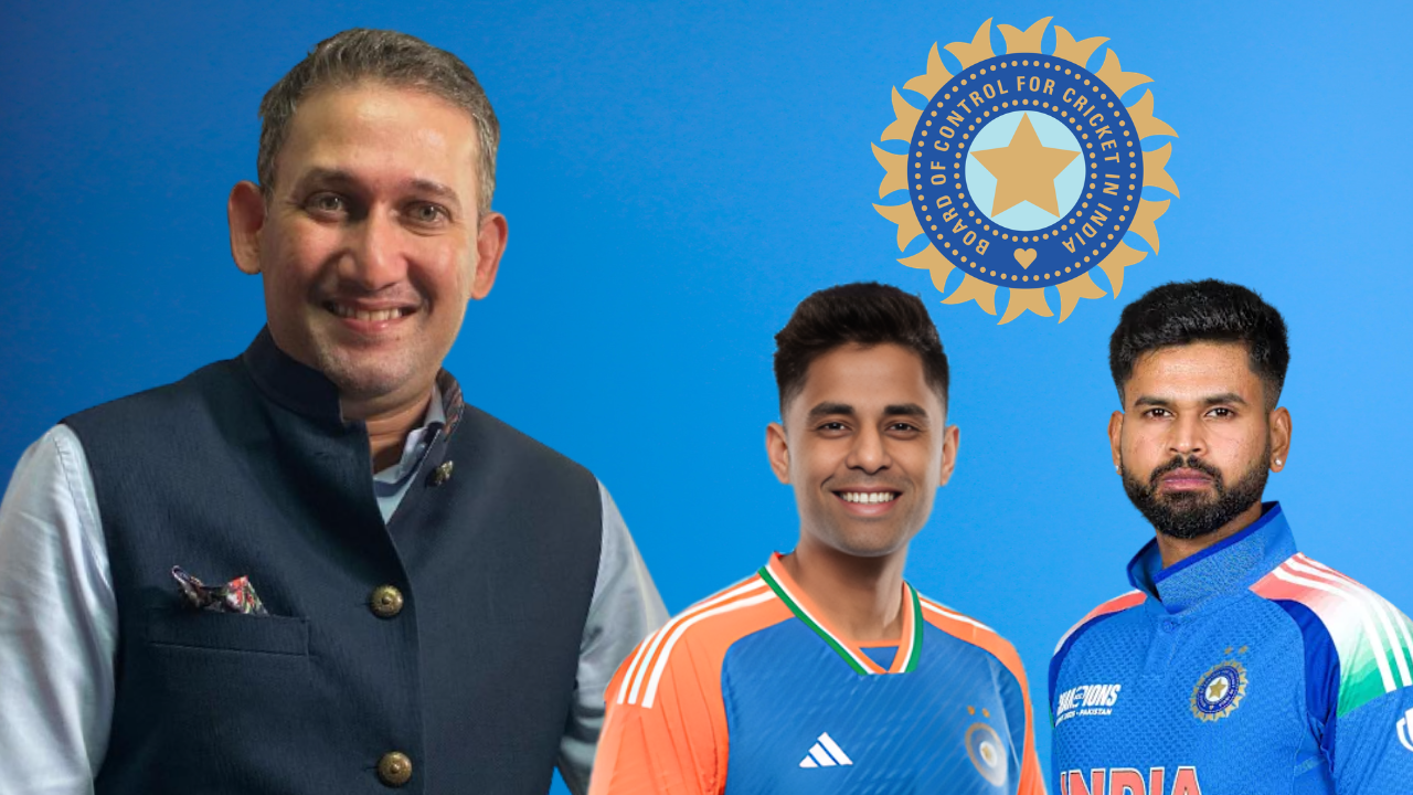 Ajit Agarkar, Suryakumar Yadav and Shreyas Iyer featured alongside the BCCI logo in a graphic related to India team selection and cricket administration.