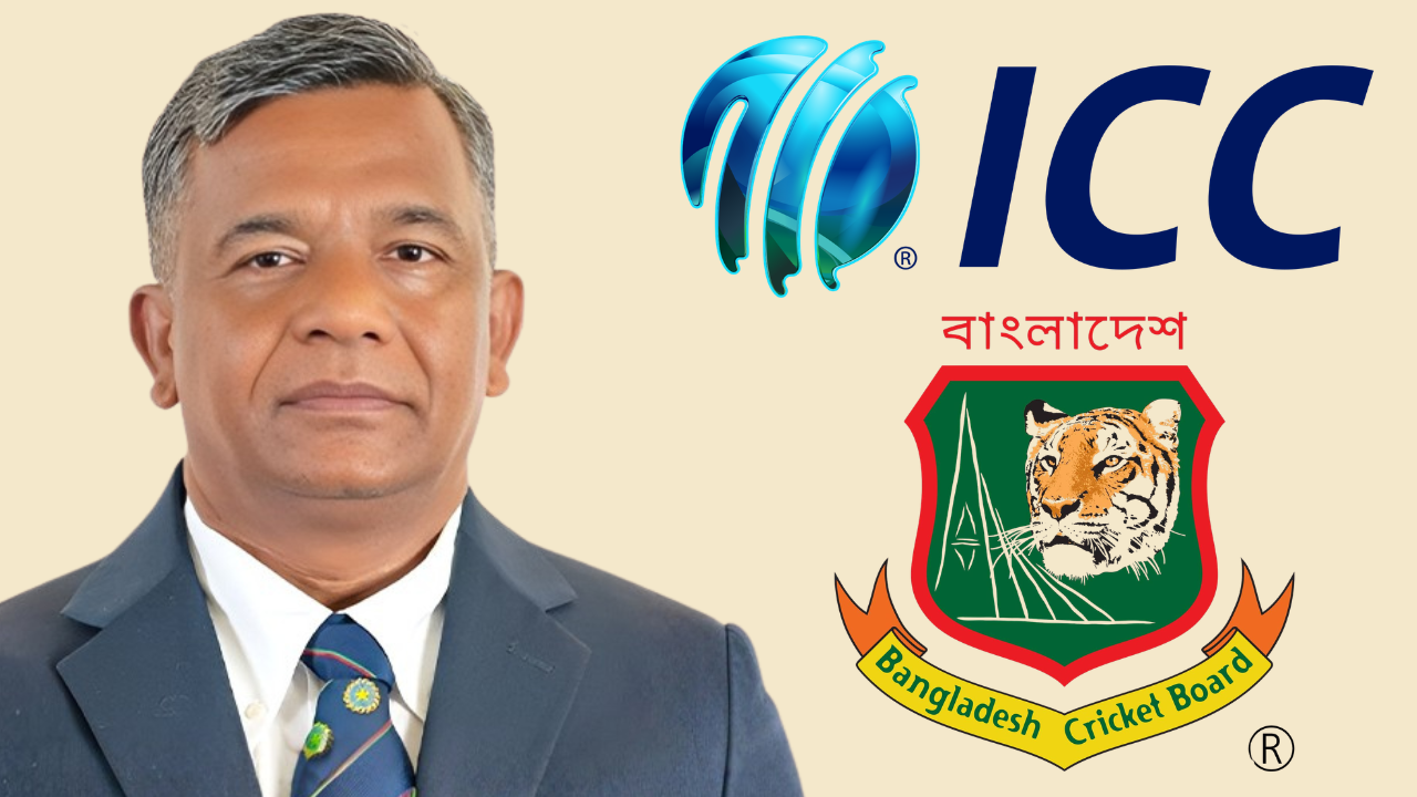 Aminul Islam pictured alongside the ICC and Bangladesh Cricket Board (BCB) logos after being appointed BCB president.