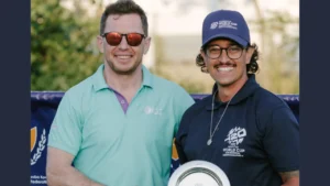 Andy Wright, ICC Regional Development Manager Europe, presents an award to Nick Chimmunchlam, Cyprus Cricket's Cricket Development Officer and Event Venue Manager, during an ICC Men's T20 World Cup Europe Qualifier event.