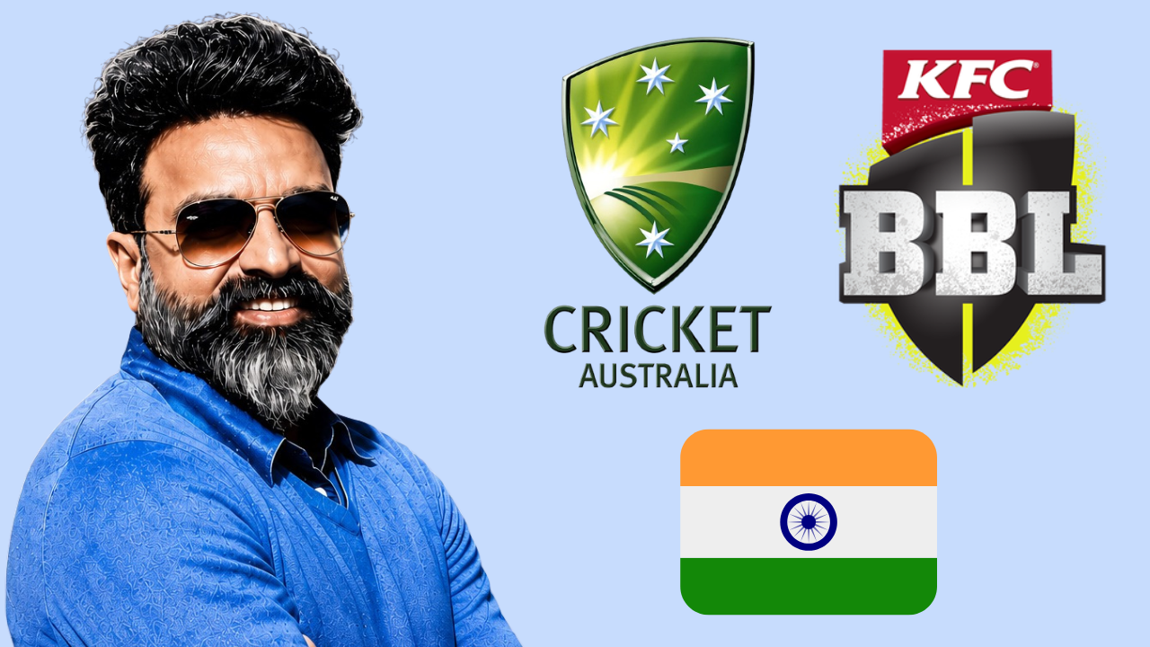 IPL Chairman Arun Dhumal pictured alongside Cricket Australia and Big Bash League (BBL) logos with the Indian flag, representing discussions related to India-Australia cricket and league development.