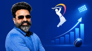IPL Chairman Arun Dhumal pictured alongside growth charts, cricket graphics, and IPL-themed visuals representing the commercial growth and expansion of the Indian Premier League.