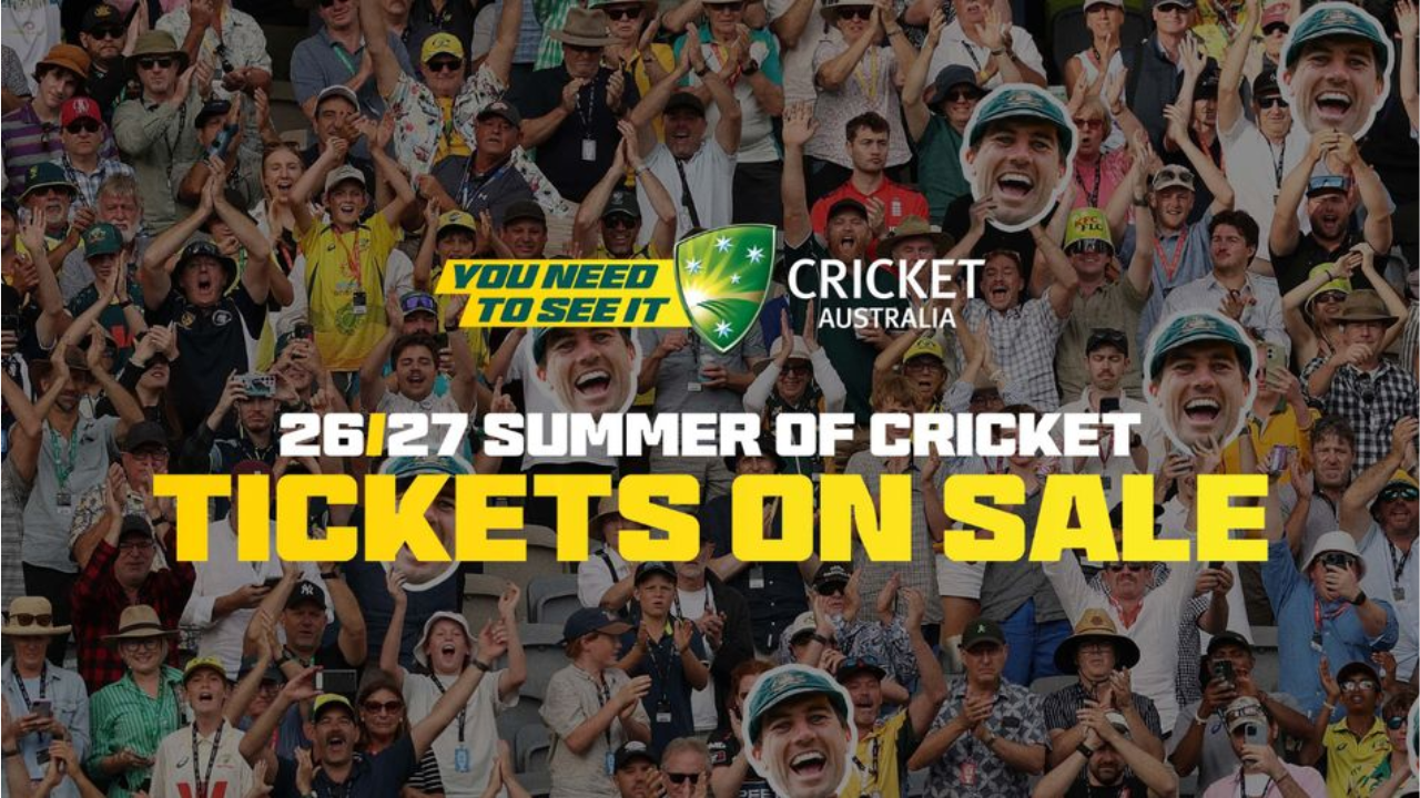 Cricket Australia promotes ticket sales for the 2026–27 Summer of Cricket, featuring cheering fans in the stands during a packed match-day atmosphere.