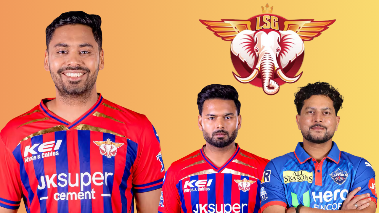 Avesh Khan, Rishabh Pant and Kuldeep Yadav alongside the Lucknow Super Giants (LSG) logo in a composite image related to the IPL franchise.
